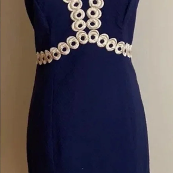 Lilly Pulitzer Essme shift lined Navy Midi Dress with gold Details Sz.10 - Picture 3 of 14